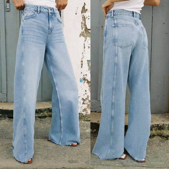 NEW Zara Wide Leg Mid Waist Jeans Side Seams US12 Full Length Raw Hem Light Blue - Picture 1 of 10